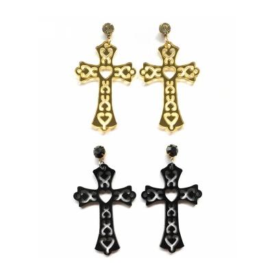 China Neo-Gothic Gothic Black and Mirror Gold Hollow Out Crystal Stud Earrings For Women Cross Acrylic for sale