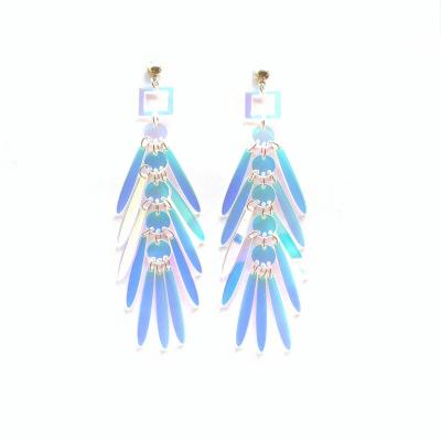 China Celestial Jewelry Hollow Square With Trendy Round And Wings Drop Iridescent Acrylic Dangle Long Tassels Stud Earrings for sale