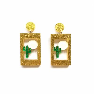 China Trendy Trendy Glitter Gold Rectangle With Green Cactus And White Round Acrylic Stud Earrings for sale