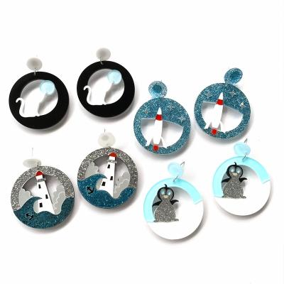 China FASHIONABLE Trendy Round Shape With Cat Penguin And Glitter Blue Rocket Satellite And Lighthouse Acrylic Stud Animal Earrings for sale