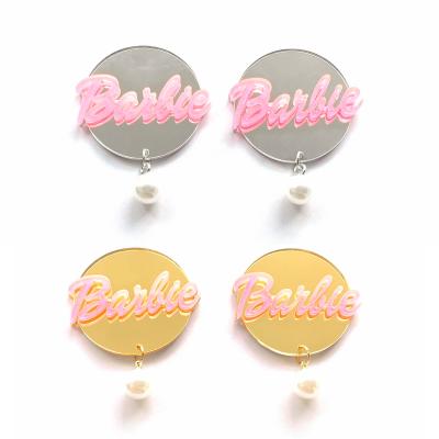 China Trendy Trendy Gold and Silver Mirror Around Acrylic Barbie Letters With Pearl Drop Stud Earrings Pink For Women for sale