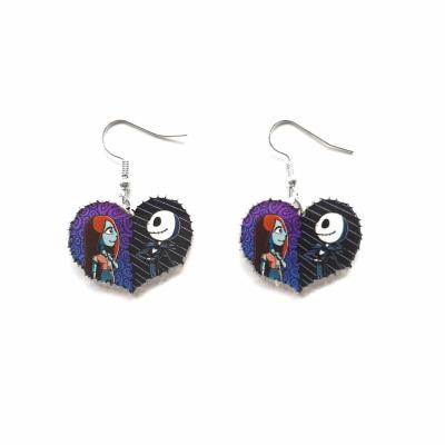 China HOT Fashion Halloween Cartoon Jack Skellington And Sally Heart Shape Gothic Acrylic Dangle Earrings for sale