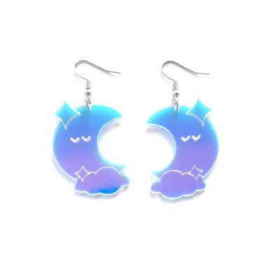 China Crescent Moon Star And Cloud Romantic Celestial Acrylic Dangle Earrings iridescent for sale