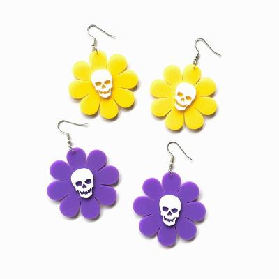 China TRENDY Trendy Yellow and Purple Color Flowers with Skull Laser Cut Acrylic Drop Earrings for sale