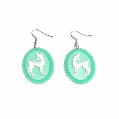 China Vintage Forest Green Oval Vintage Badge With White Sika Deer Acrylic Dangle Earrings For Women for sale