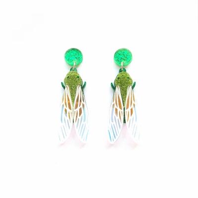 China FASHIONABLE creative glitter green insect cicada with iridescent wings acrylic stud earrings for women for sale