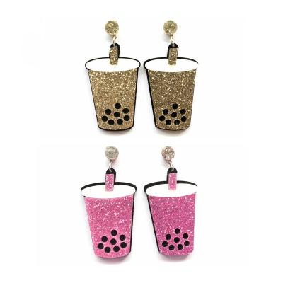 China FASHIONABLE Funny Acrylic Gold Glitter Simulation Food And Pink Boba Tea Stud Earrings for sale