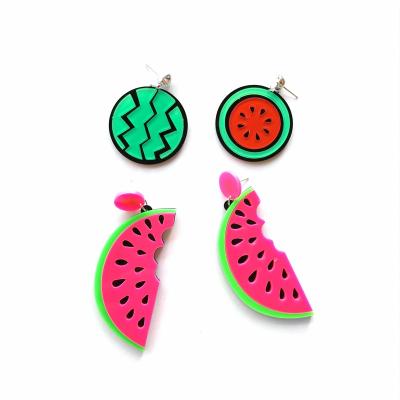 China Cute Fruit Cute A Slice Of Watermelon Pink Acrylic And Green Watermelon Pendants Stud Earrings For Women for sale