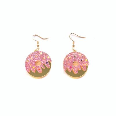 China Lovely Cute Food Glitter Pink with Colorful Beads Complementing Mirror Gold Donut Base Laser Cut Acrylic Dangle Earrings for sale