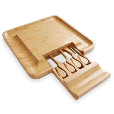 China Sustainable Cheese Board Gift Bamboo Cheese Tray With Cheese Knives Sets Large Wooden Dish And Tray Board Set for sale