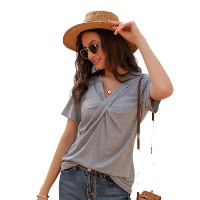 China Holiday Style Clock V-neck Solid Color Soft Korean Slim Shorts Sheathed Women's Simple Casual Top for sale