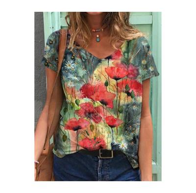 China Soft Colorful Flowers Printing T Shirts Crop Tops Short Sleeve Deep Neck Summer Vacation Women Top for sale