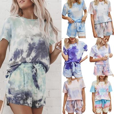 China Soft 2021 Sale Sports Tie Dye Women 2 Pieces Clothing Set T-shirt And Short Pants Set Stretch Jogging Set for sale