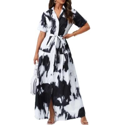 China Sweetly 2021 Customized Dress Women Button Front Belted Tie Dye Women Dress Women Dress for sale