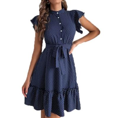 China Sweetly 2021 Popular Styles Dress Women Polka Dot Print Butterfly Sleeve Flounce Hem Belted Dress Women for sale