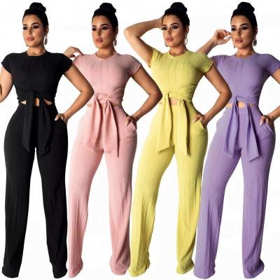 China Tairun QUICK DRY Fashionable Matching Sets Short Sleeve Crop Top With Bow Straight Pants 2 Pieces Set Women for sale