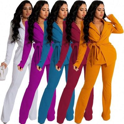 China blazer and pants for women Anti-wrinkle Tairun office lady long sleeve solid blazer and pants set with belt casual blazers suits women for sale