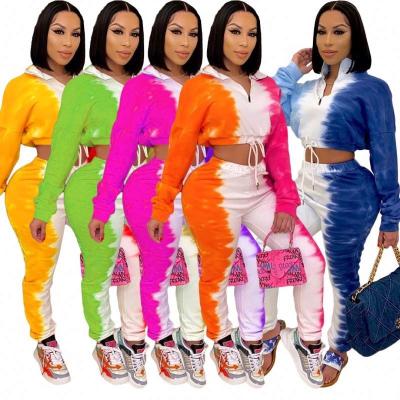 China Tairun Breathable Fashionable New Tie Dye Casual Sportswear Fall Long Sleeve Zippers Crop Top And Pencil Pant Women Two Piece Workout Set for sale