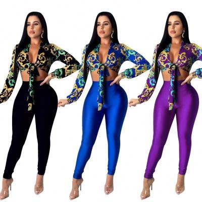 China Two Piece Ladies Casual Ribbed Legging Set 2022 Anti-pilling TR Spring Set Summer Printed Shirt Pants For Women for sale