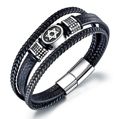 China Wholesale Fashion Punk High Quality Jewelry Personality Hexagram Stainless Steel Men's Leather Bracelet for sale