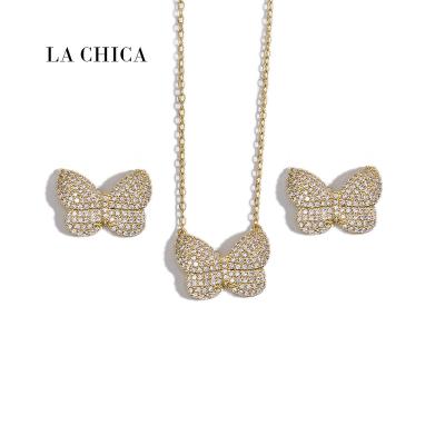 China La La 2020 FASHIONABLE Chica New Arrival Women Statement Iced Out CZ High Quality Butterfly Jewelry Necklace Sets for sale