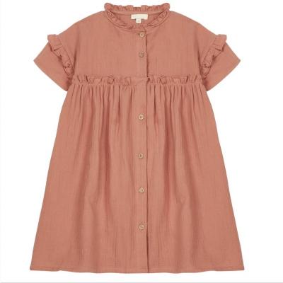 China High Quality Anti-wrinkle Comfortable Touch Material Flared Short Sleeves Summer Ruffle Neck Collar Dress For Girls for sale