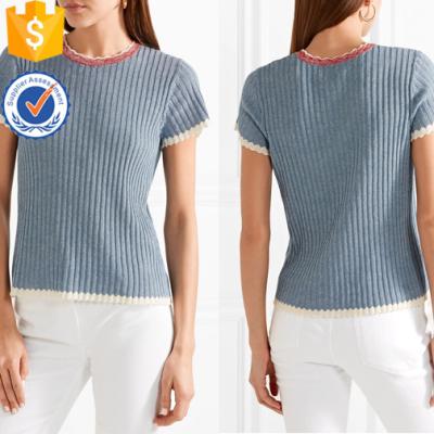 China Summer Hot Sale Short Sleeve Cotton Blue And White Short Edges Scalloped Top Factory Wholesale Fashion Women Clothing (TA0077T) for sale