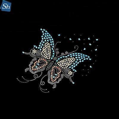 China Popular Colorful Hot Fix Butterfly Design Flatback T-shirt Rhinestone Transfer Patterns Custom Iron On Applique For Garment Accessories for sale