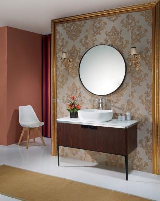 China BONNYTM YW-103 modern wooden bahtroom furniture with round crystal marble basin LED bathroom mirror for sale