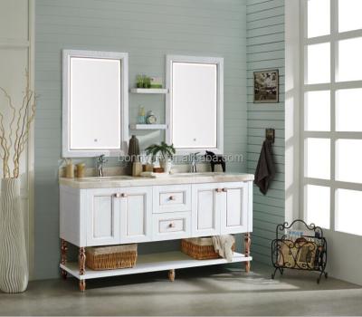 China Double Sliding Open Doors Wooden Drawer American Bathroom Cabinet Two Basins Modern White BN8701 for sale