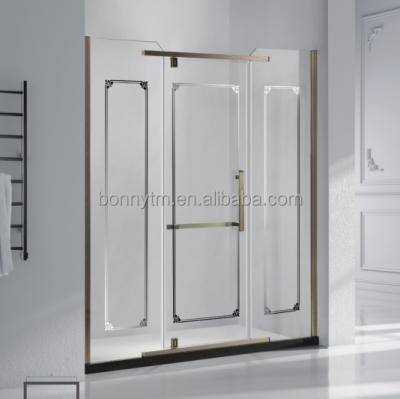 China With View Hotel Use, Rain Shower Room Prefab Corner Straight Line Shape Bath Shower Screen With Classic Brass Plate for sale