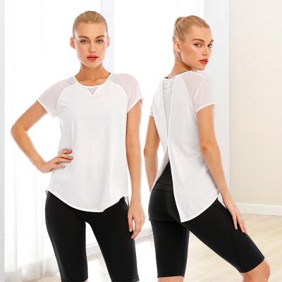 China Custom White Breathable Gym Sports Girl Workout Shirts Women Breathable Beach Tops Clothes Yoga Short Sleeve Top for sale