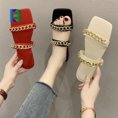 China Zapatillas Para Damas Square Toe Gold Chain Plus Size Flat Slippers Waterproof Women Flat Sandals Shoes for sale