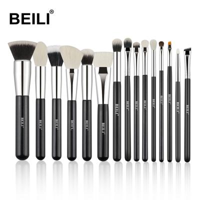 China Makeup Brush BEILI High Quality Simple Black Luxury 15PCS Goat Hair Make Up Brush Private Label Makeup Brushes Concealer Base Eyebrow Brush Wholesale for sale