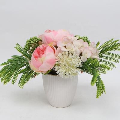 China New Design Artificial Flower Fashional Home Decoration Artificial Pink Peony Flower With Green Leaves In White Pot for sale