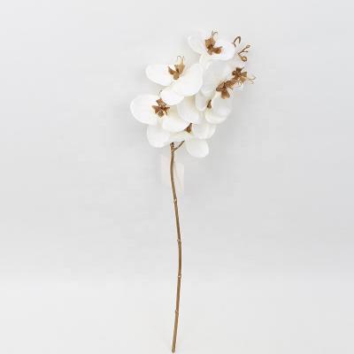 China HOT SALE Indoor Fashional Artificial Flower For Decoration Single Stem 7 Branches Artificial White Orchid Flowers With Gold Core for sale