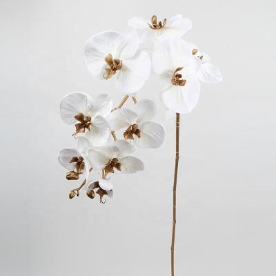 China HOT SALE Indoor Fashional Artificial Flower For Home Decoration Single Long Stem 9 Branches Artificial White Orchid Flowers With Gold Core for sale