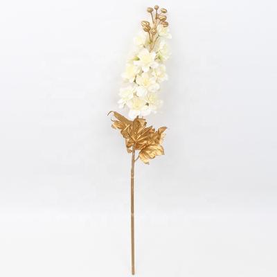 China Fashional Artificial Flower Hot Selling Home Decor Single Stem Delphinium With Glod Leaf Artificial Silk Flower for sale