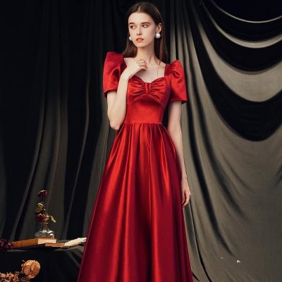 China 2022 Christmas Vintage Sleeve Evening Dress Princess Corset Satin Short Cocktail Dress Long Festival Formal Dress A-Line Red Anti-Static Prom for sale