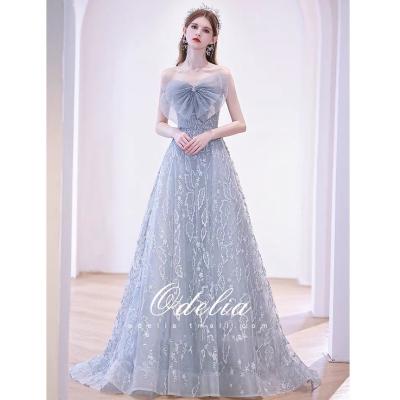 China Anti-Static Blue Strapless Gray Cocktail Dress Beading Bow Applique Sequined A Line Lace Up Off The Shoulder Wedding Party Evening Dress New for sale