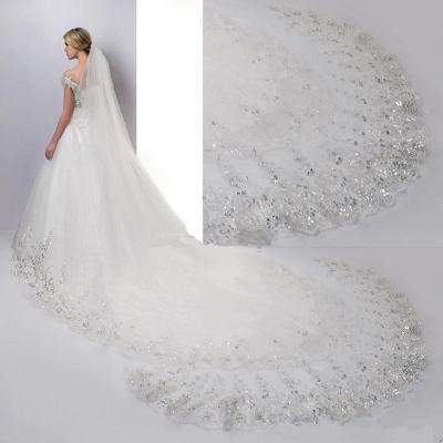 China Lace Edge Luxury Lace Bridal Veil With Sequins Long Tulle 3.5 Meters White Long Two Tiers Wedding Elegant 2021 New Hot Sale for sale