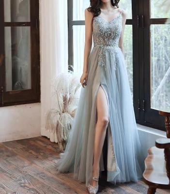 China Blue Anti-wrinkle Celebrity Dresses Split Fork A Line Beading Sexy Spaghetti Strap Tulle Red Carpet Floral Print Party Evening Dress Elegant for sale