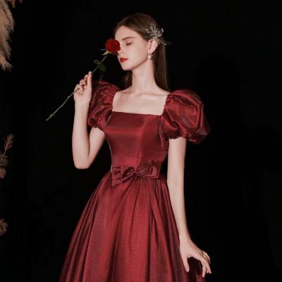 China New Anti-wrinkle Burgundy Vintage Square Collar Celebrity Dresses Luxury French Bow Style Puff Sleeve Satin Evening Prom Dresses A line for sale