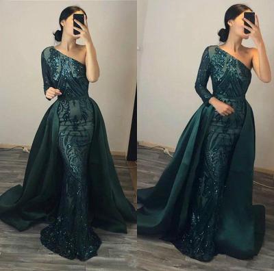 China 2022 Anti-wrinkle dark green celebrity dresses one shoulder shiny sequin long banquet prom sexy evening dresses with detachable train for sale