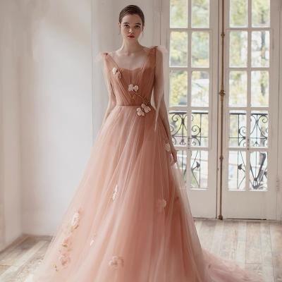 China Bean Paste Straps Backless Anti-Static Flower Line Appliques Bridesmaid Dresses Sleeveless A Line Sexy Backless Even Prom Dresses New Elegant for sale