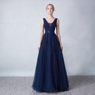 China 2022 Elegant Anti-static Navy Lace Bridesmaid Dresses Beading Long Formal V-Neck Backless Graduation Wedding Party Gowns Dresses New Luxury for sale