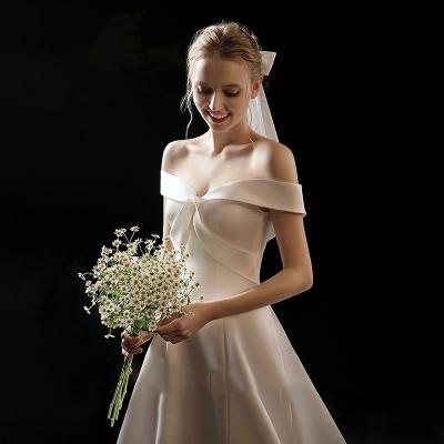 China Anti-Static Satin Wedding Dresses Off Shoulder Backless Simple Elegant Chapel Train A Line Princess Bridal Gowns Plus Bateau Neck Waistline for sale