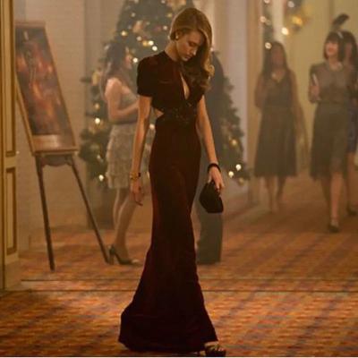 China Anti-wrinkle Burgundy Velvet Evening Dresses Mermaid Short Sleeves Black Beading Long Sexy Backless Prom Celebrity Dress 2022 New for sale