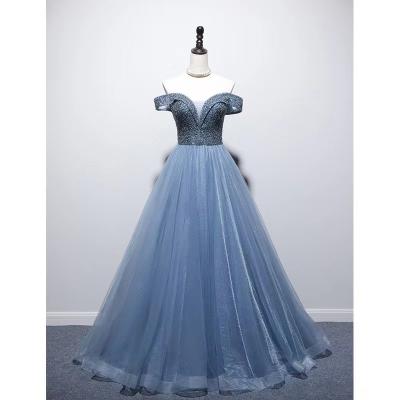 China Anti-Wrinkle Ice Blue Prom Dresses A Line Off The Shoulder Pearl Tulle Luxury Glitter High End Lace Up Back Floor Length Even Dress New for sale