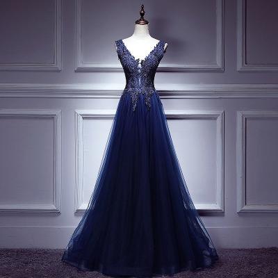 China Anti-Wrinkle Elegant Dark Blue Prom Dresses 2022 Sleeveless A Line Tulle Applique Long Formal Party Maid Of Honor Dresses V-Neck for sale